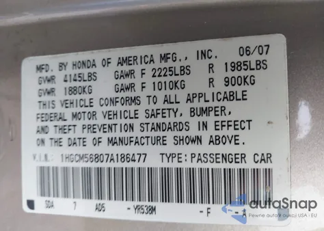 2007 Honda Accord 2.4 Ex из США, поврежденный, VIN 1HGCM56807A186477